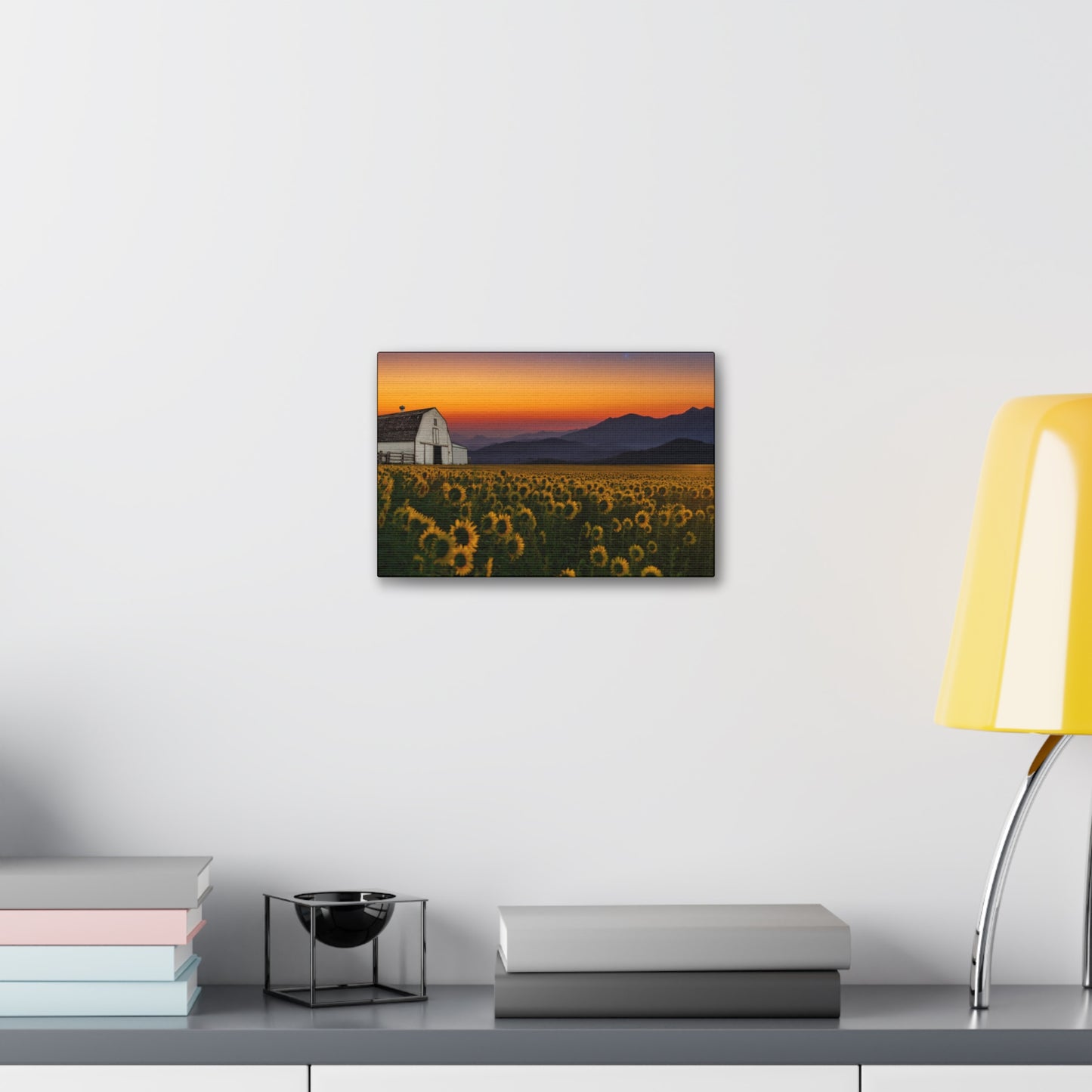 Sunflower Field at Sunset Canvas Wall Art — Farmhouse Barn Landscape Stretched Canvas