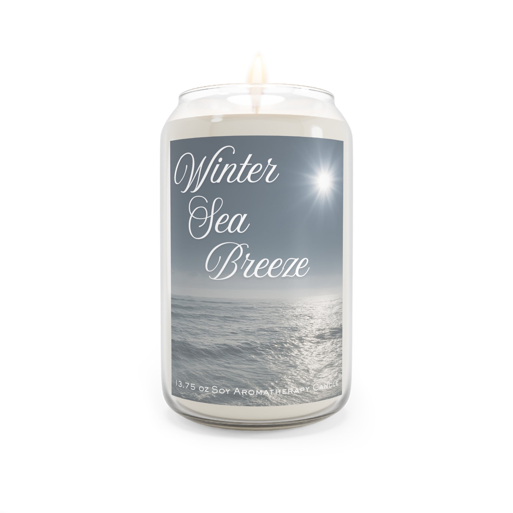 Candle with 'Winter Sea Breeze' label on a white background