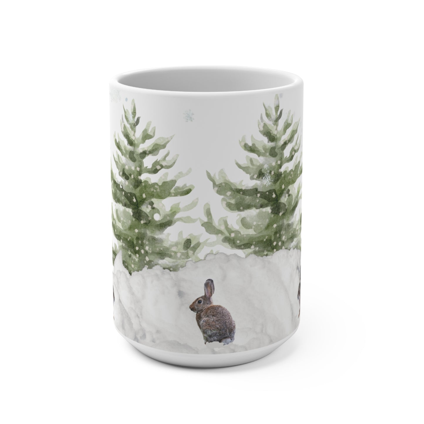 Winter Rabbits 15oz Ceramic Mug — Snowy Pine Forest Bunny Coffee Cup