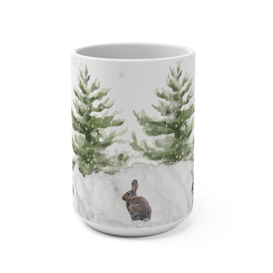 Winter Rabbits 15oz Ceramic Mug — Snowy Pine Forest Bunny Coffee Cup
