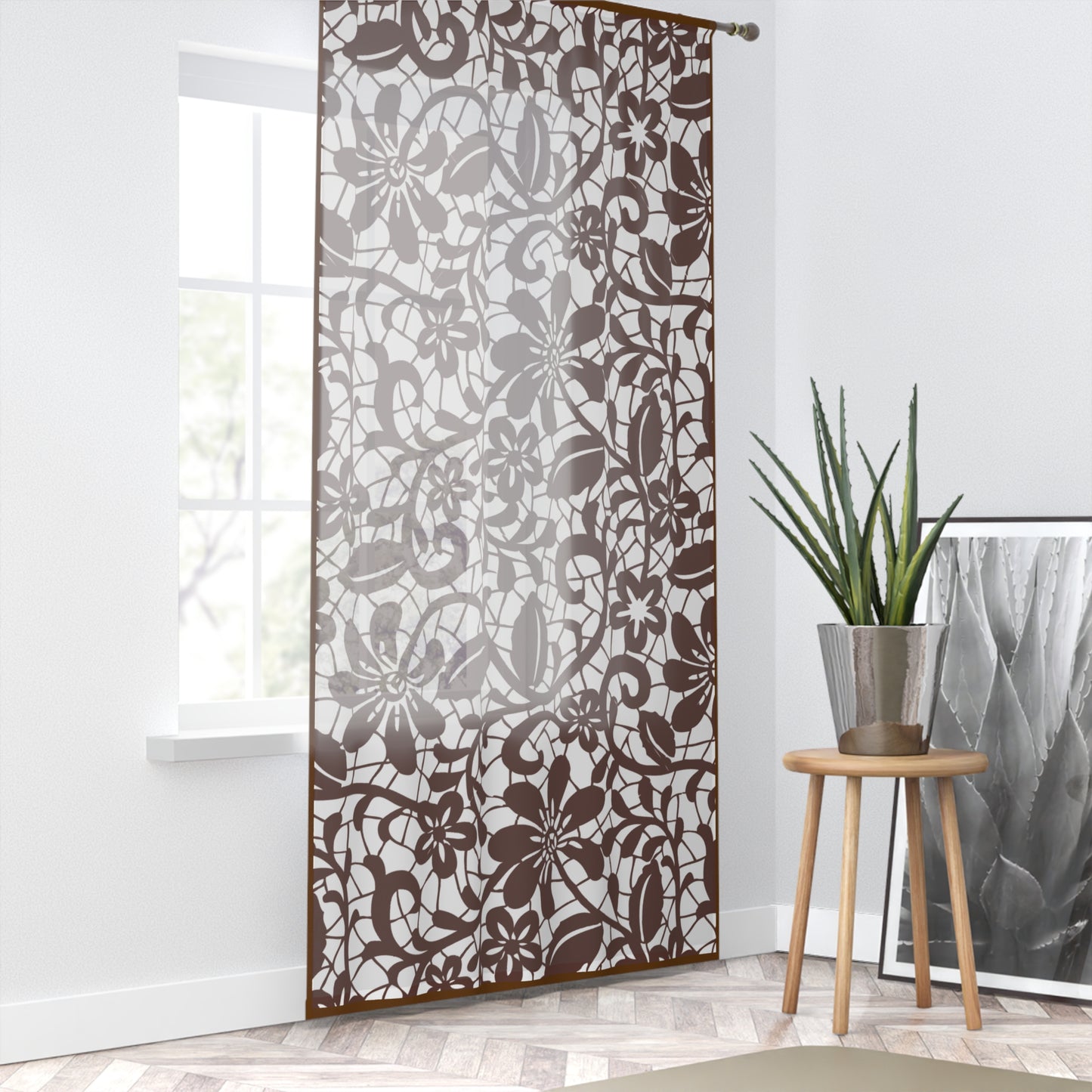 Damask Sheer Curtain — Brown Patterned Window Panel