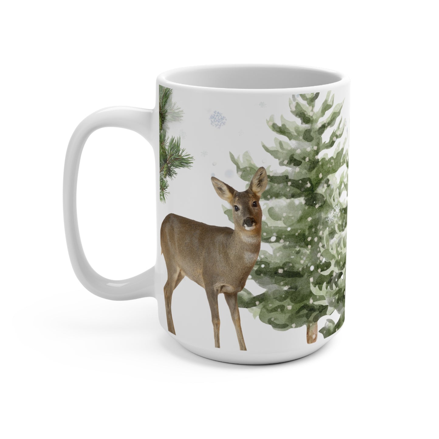 Winter Deer Mug — 15oz Holiday Pine Forest Ceramic Cup for Tea or Coffee- Part of the Winter Series