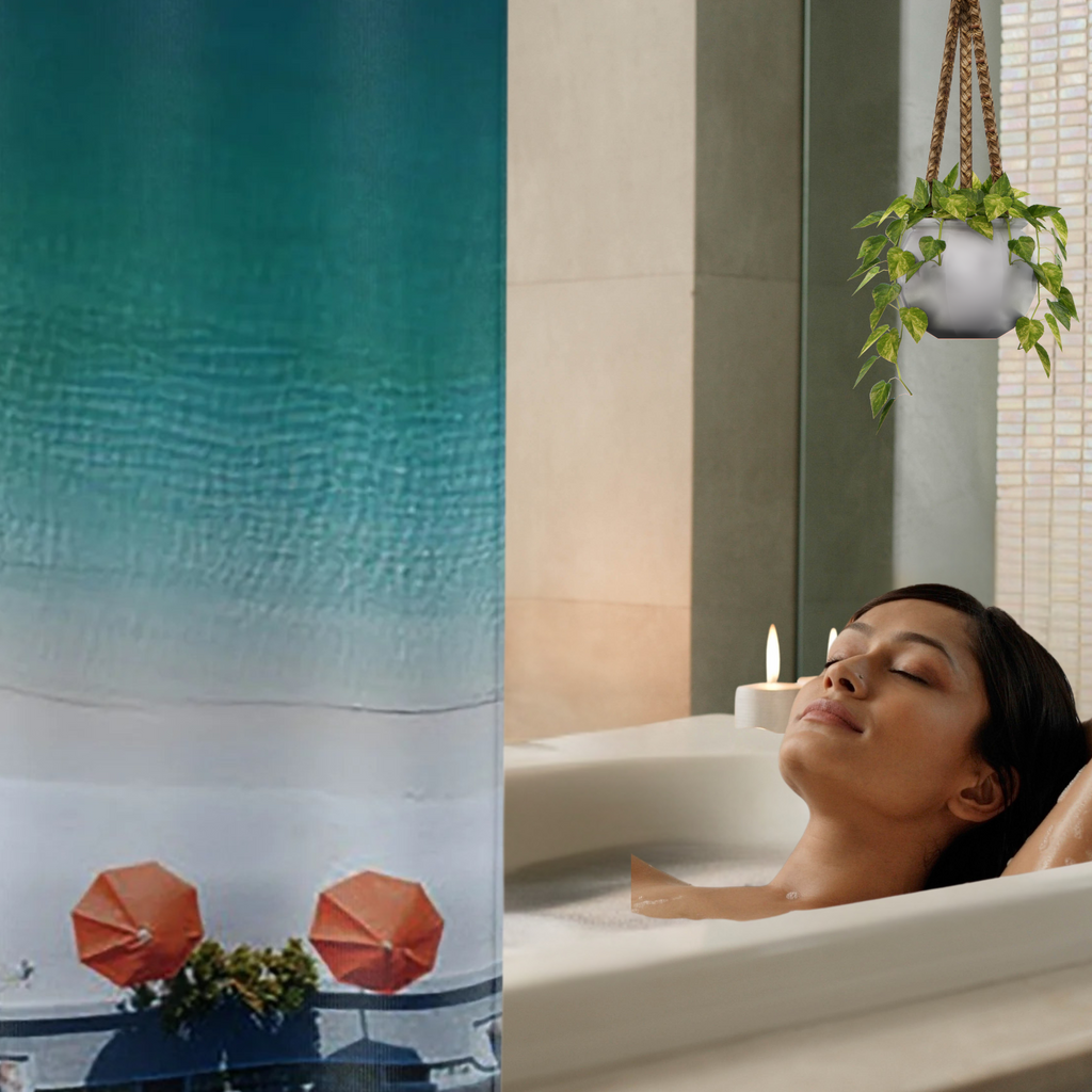 an ombre blue shower curtain with  bright orange beach umbrellas  shown with a woman lounging in the tub