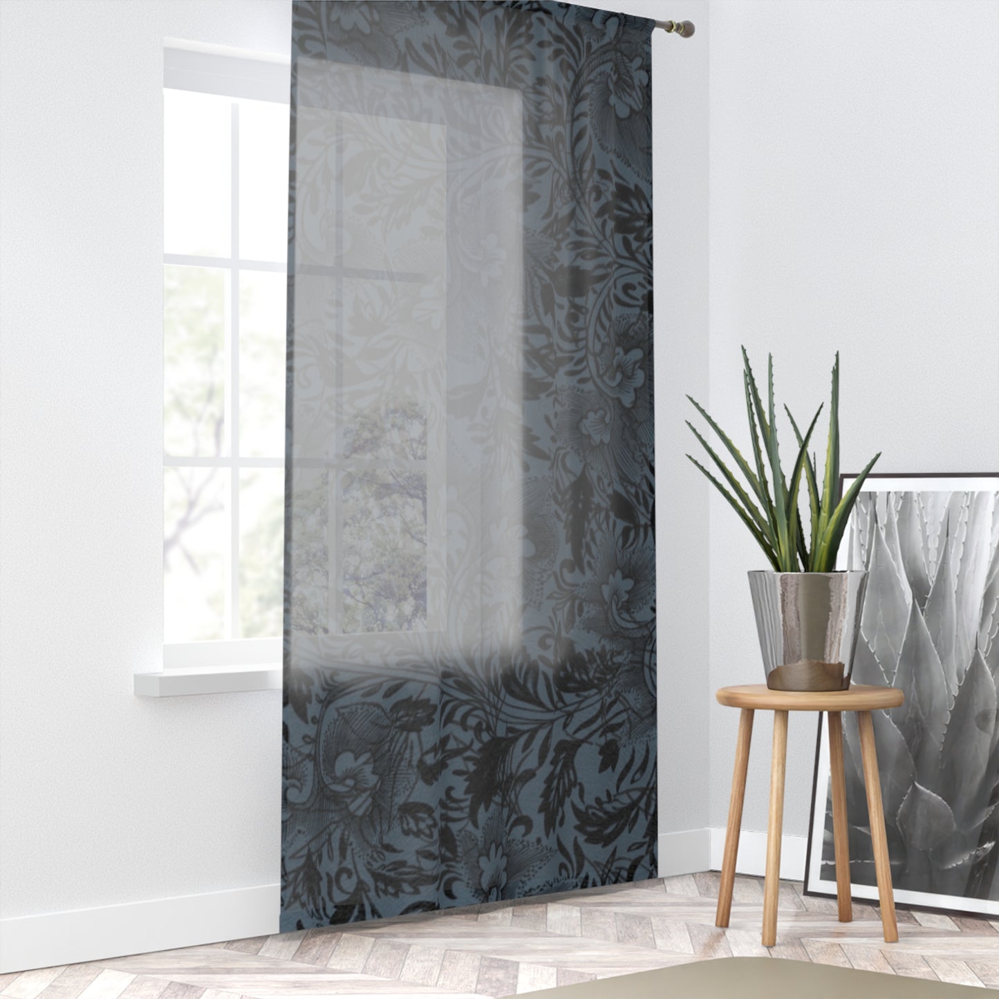 Damask Sheer Window Curtain – Slate Blue Floral Pattern