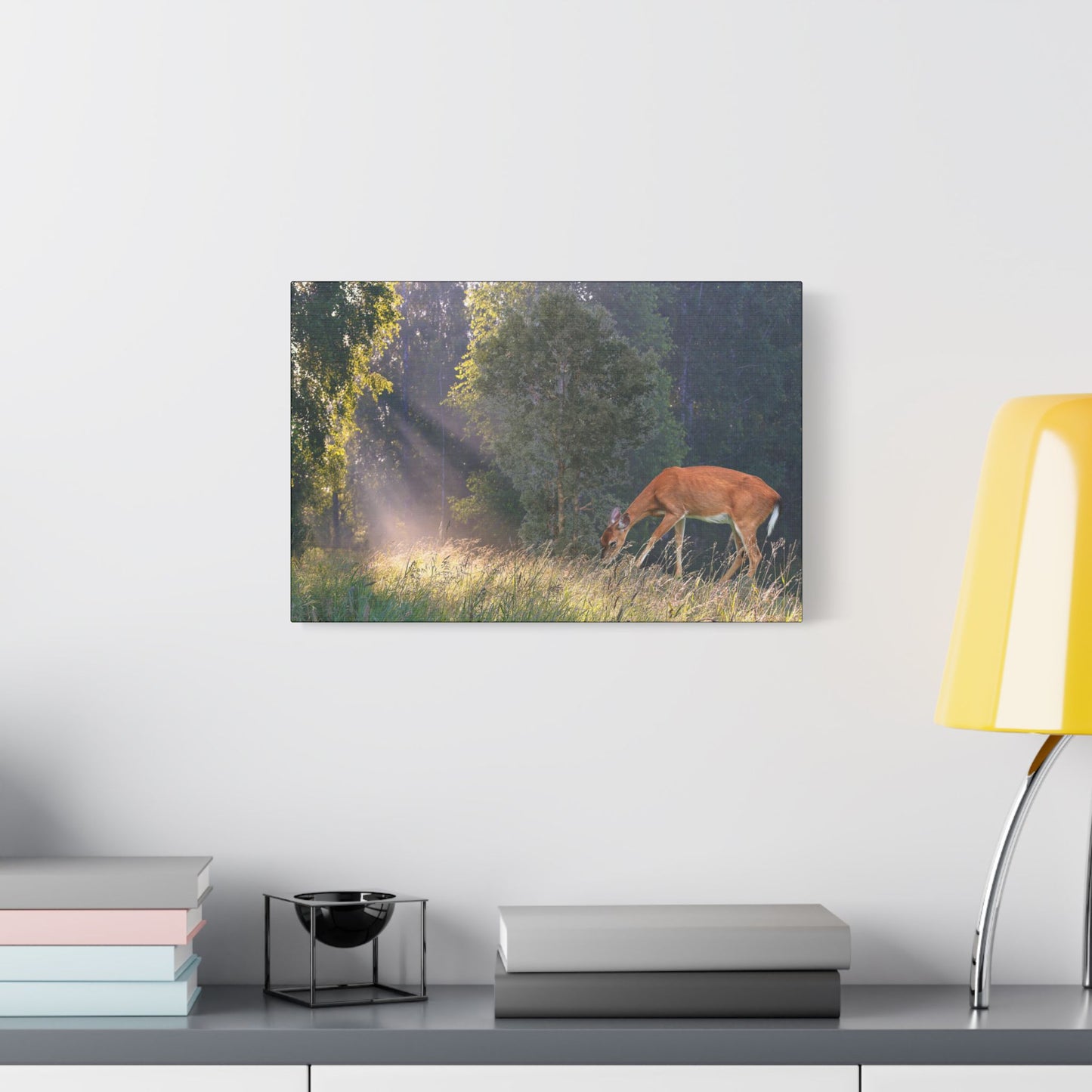 Deer in Sunlit Forest Satin Canvas Print — Stretched Nature Wall Art
