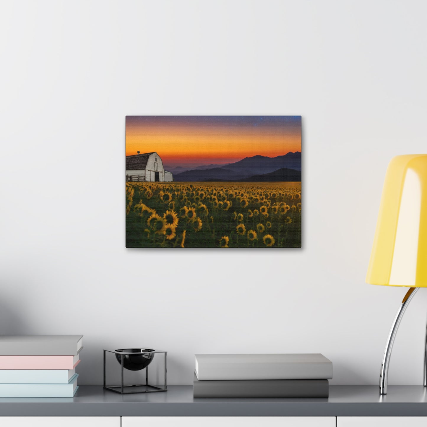 Sunflower Field at Sunset Canvas Wall Art — Farmhouse Barn Landscape Stretched Canvas
