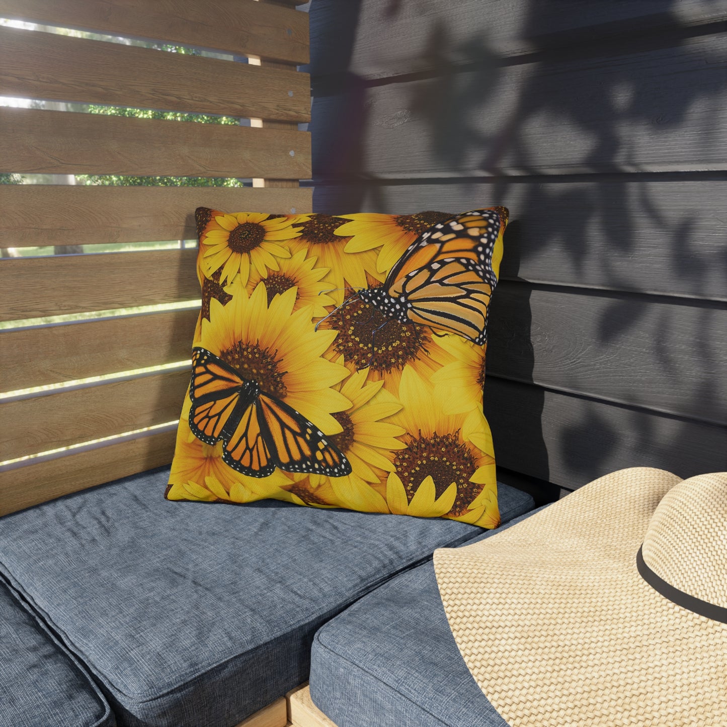 Butterflies and Sunflowers Colorful Outdoor Pillow