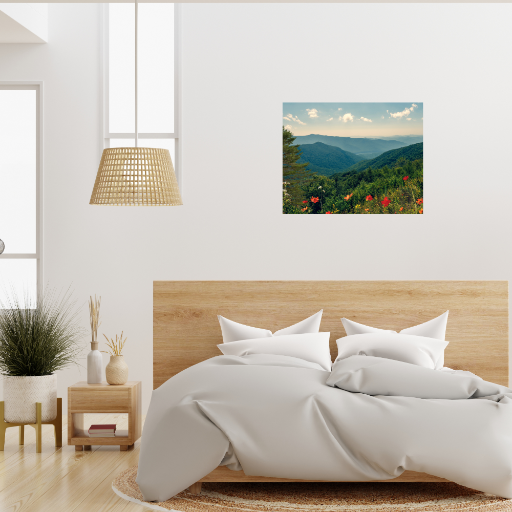 A Beautiful Day Mountain Landscape art shown in a modern main bedroom