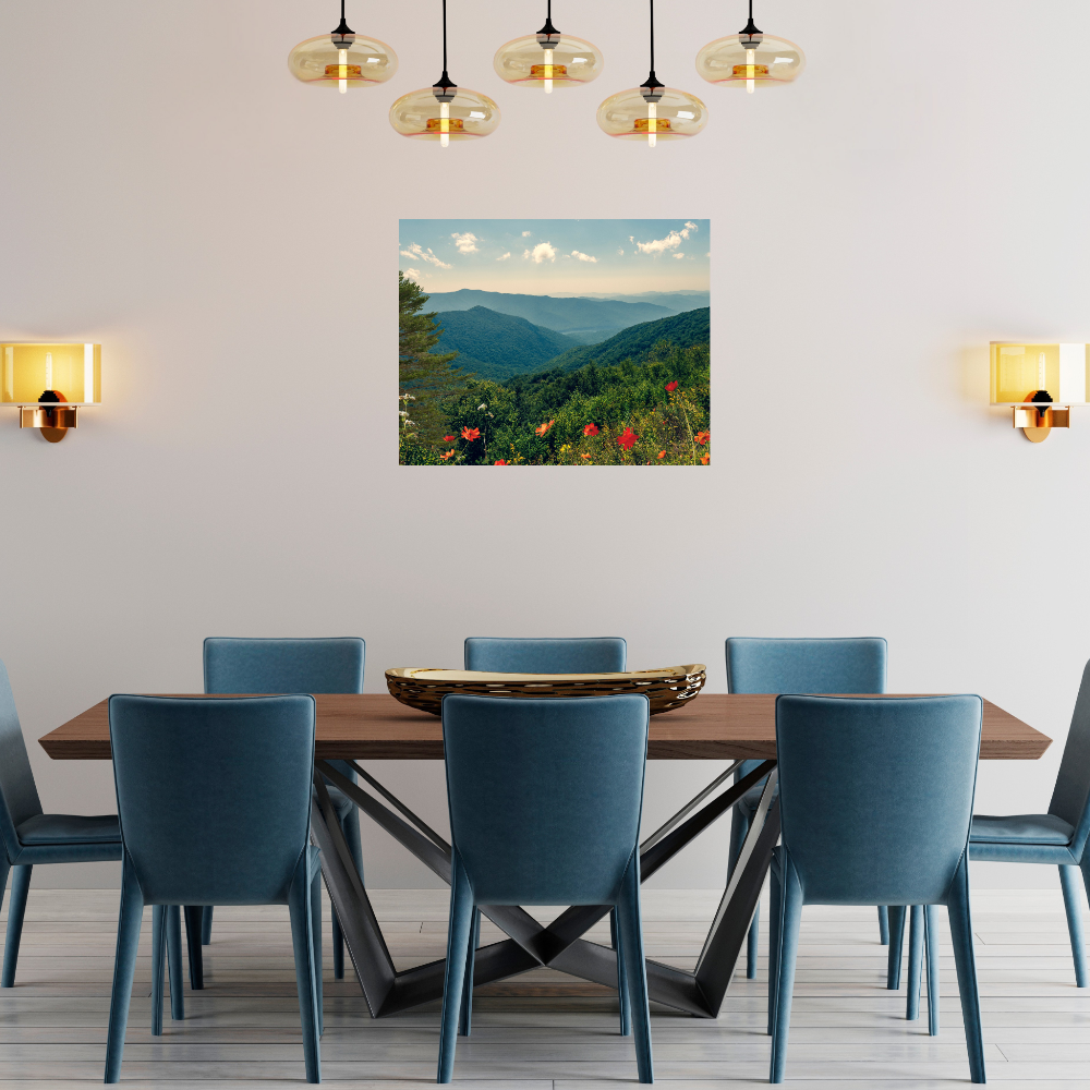 Floral Mountain Landscape wall art shown in a dining room setting