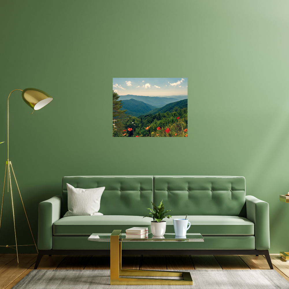 A Beautiful Day Mountain Landscape art shown in a living room with a green wall and sofa