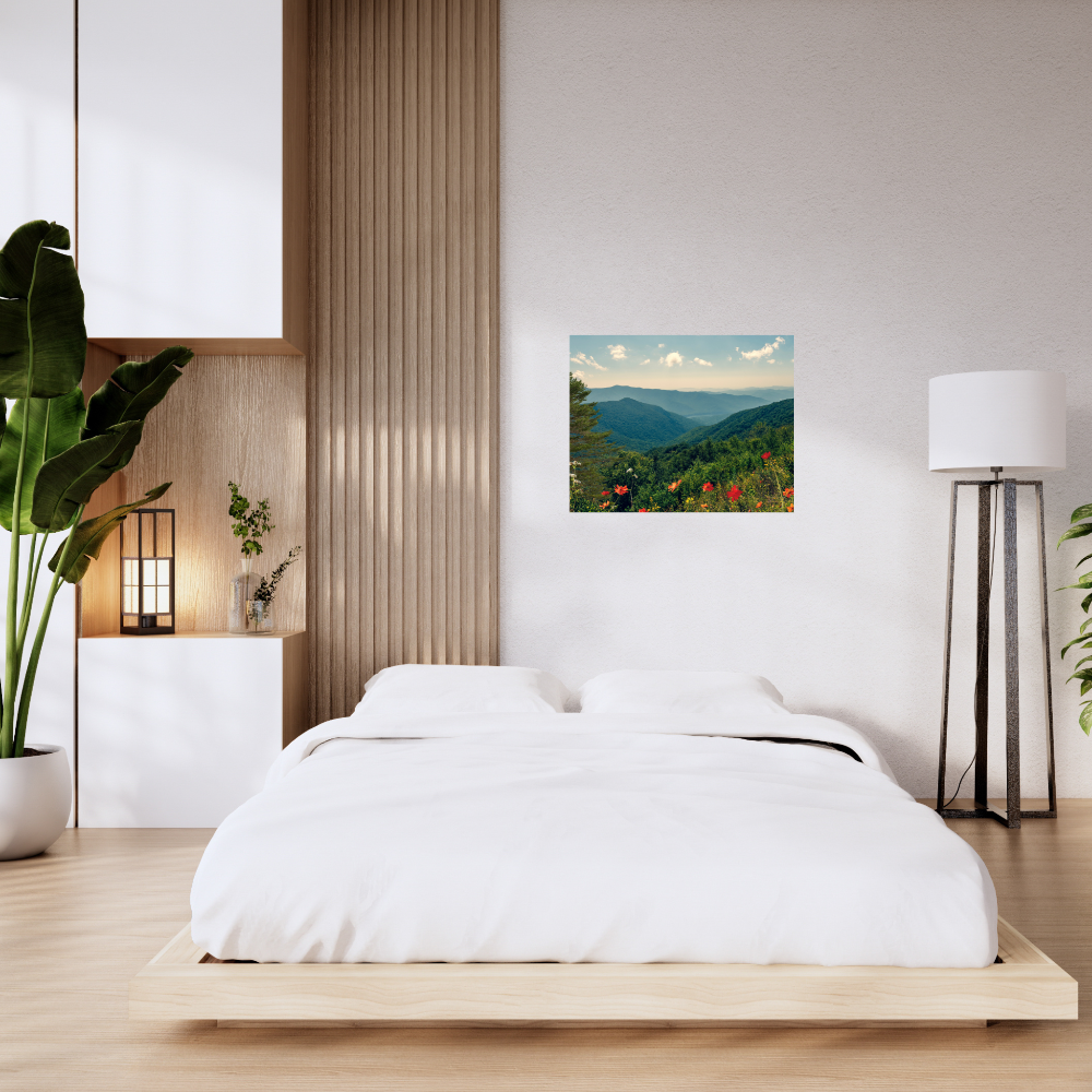 A Beautiful Day Mountain Landscape art shown in a contemporary bedroom