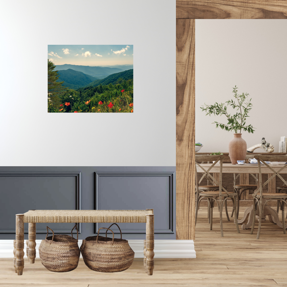 A Beautiful Day Mountain Landscape art shown in an entryway