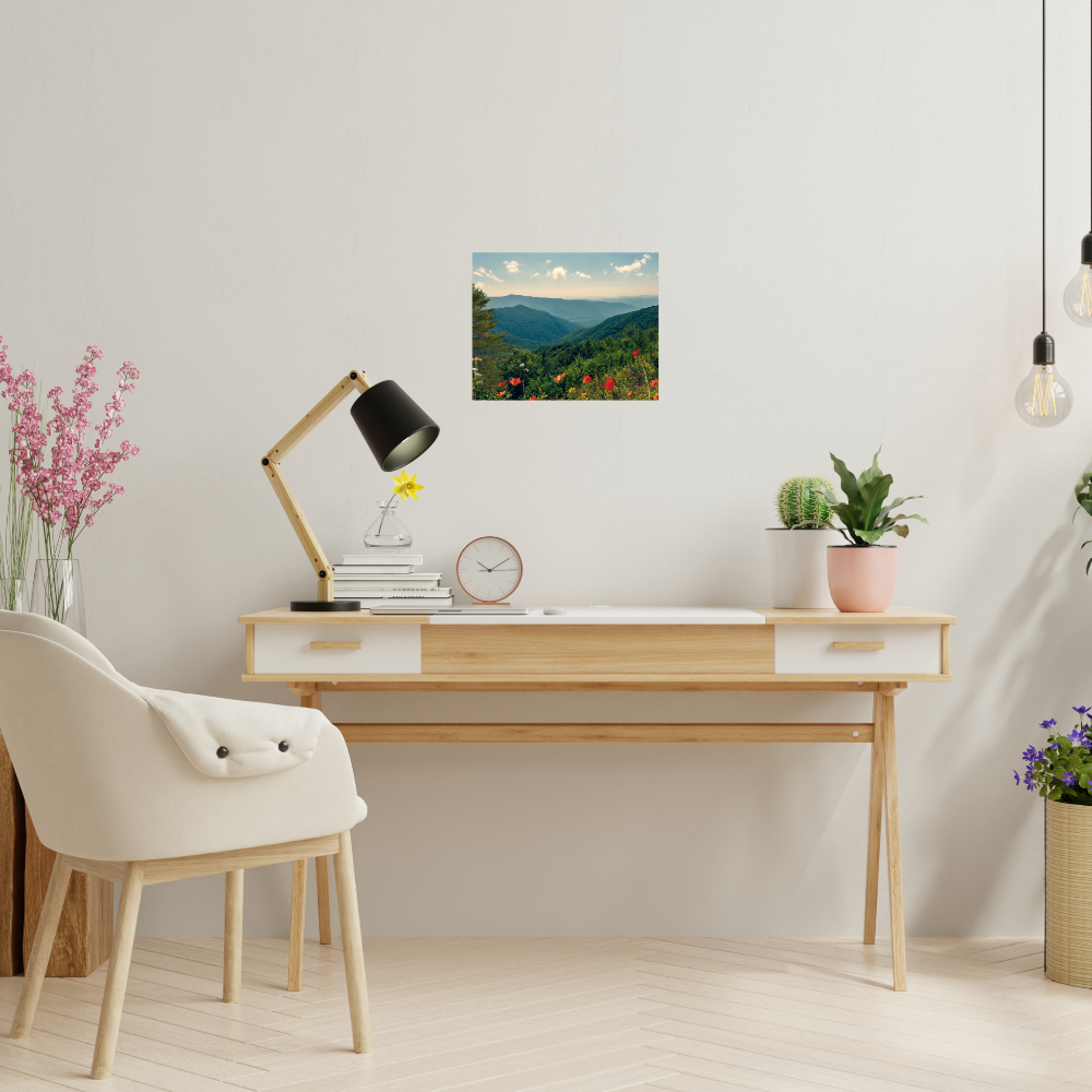 A Beautiful Day Mountain Landscape art shown in a well decorated home office setting