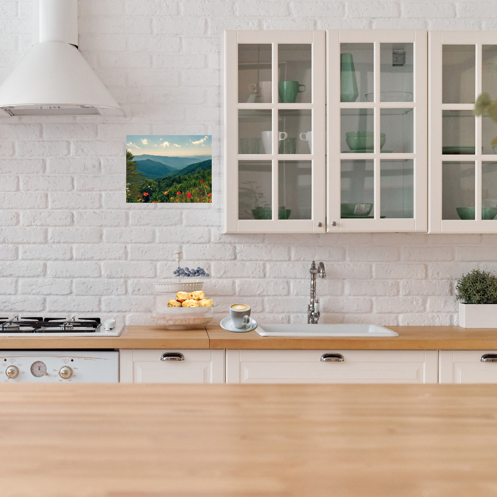 A Beautiful Day Mountain Landscape art shown in a modern farmhouse style kitchen