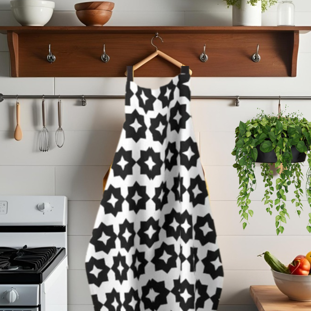 Features a black and white geometric, farmhouse style apron hanging from a shelf