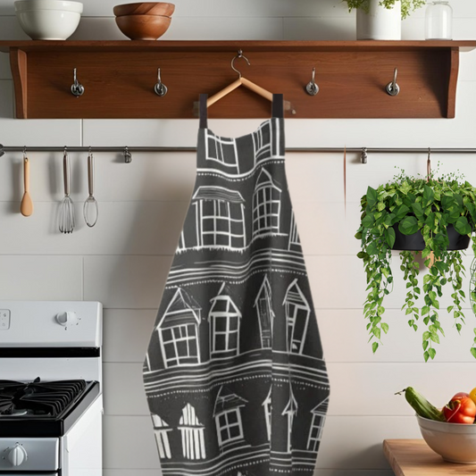 A black apron with rows of little white houses shown hung on a kitchen wall