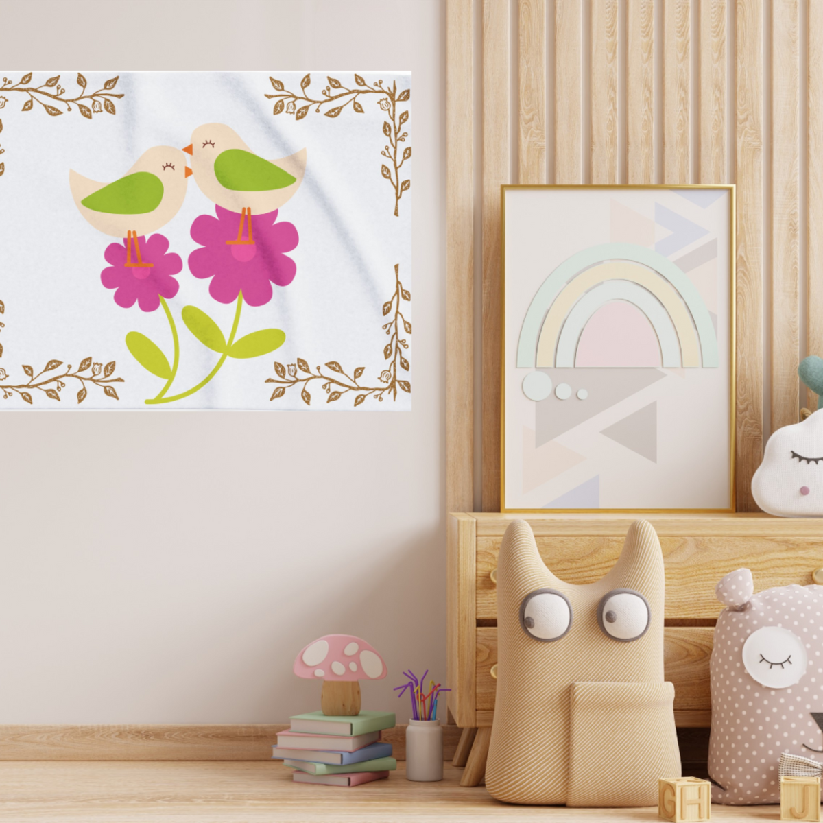 Birds and Blossoms baby blanket — lightweight polyester fleece with pink floral and woodland bird design, shown on a playroom wall.