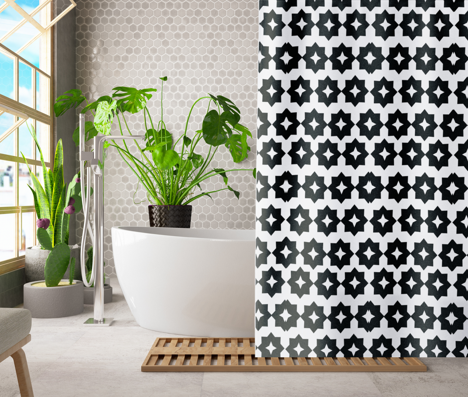 A black and white geometric patterned shower curtain shown in a bathroom setting