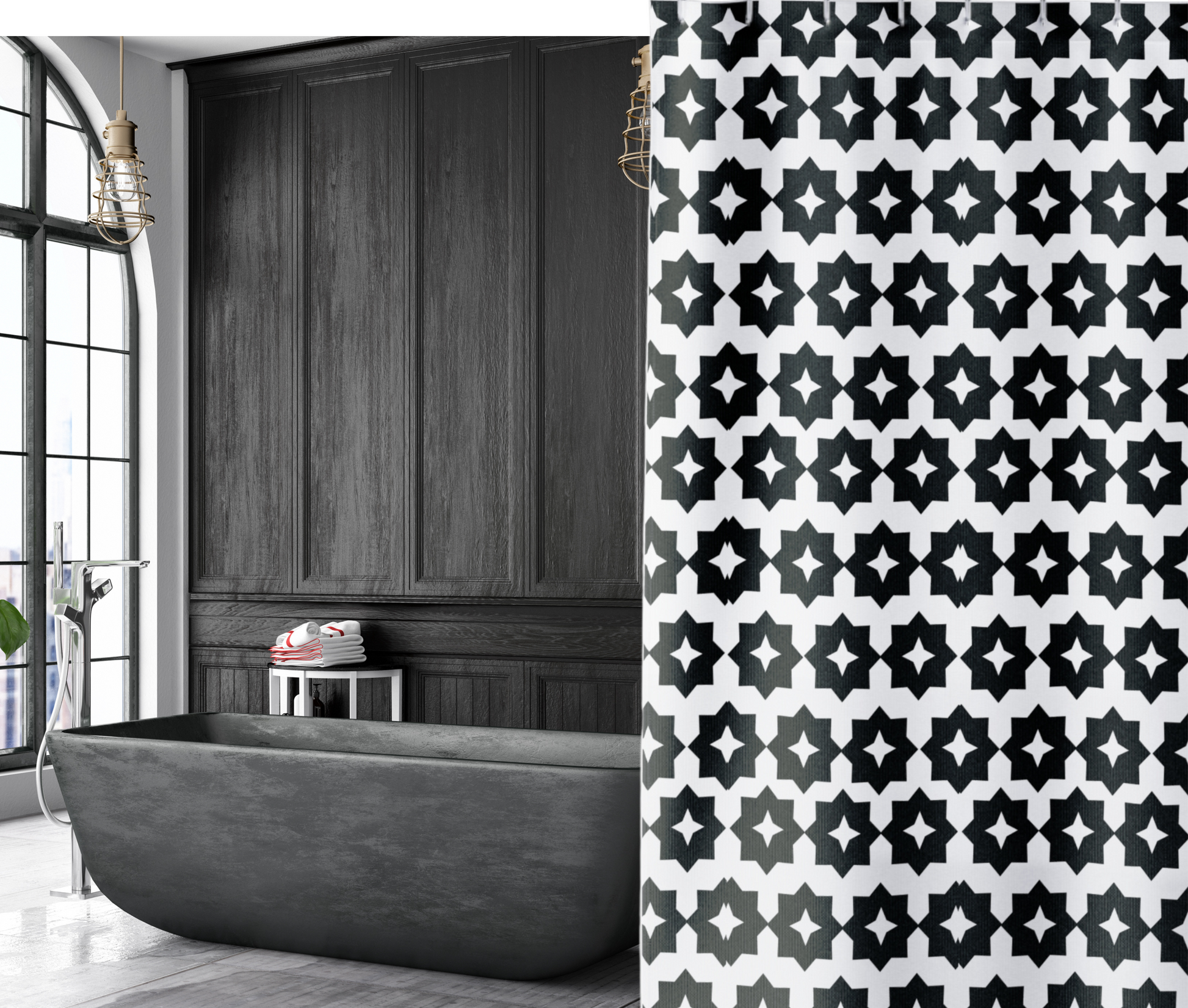 black and white geometric shower curtain in a moody dark bathroom