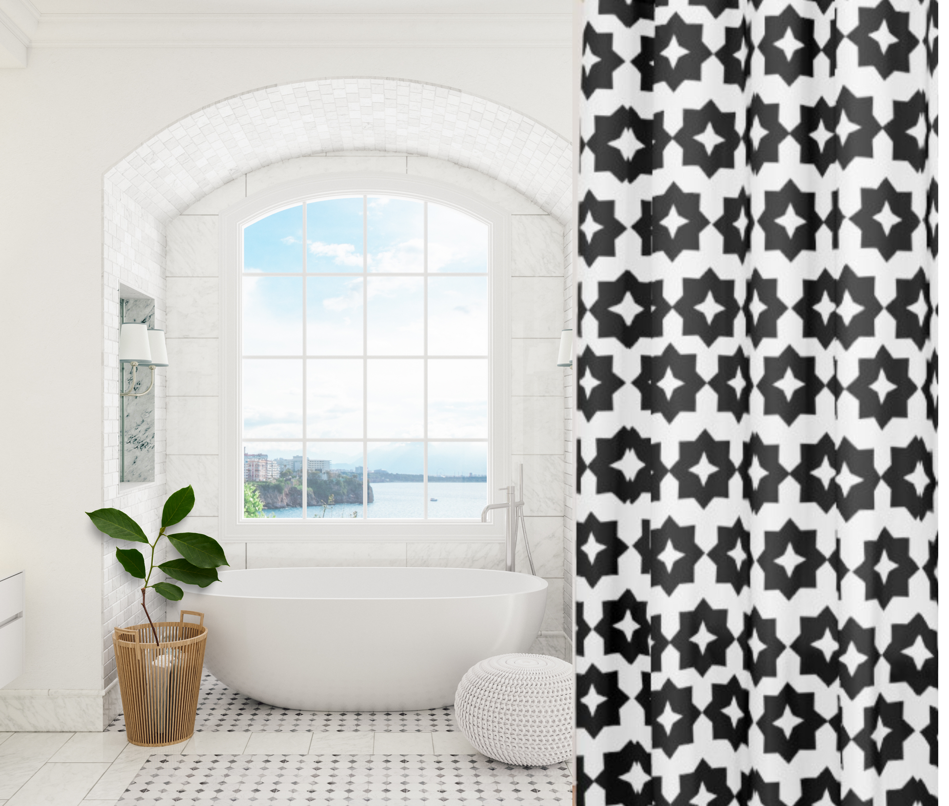 A black and white geometric patterned shower curtain shown in an elegant bathroom