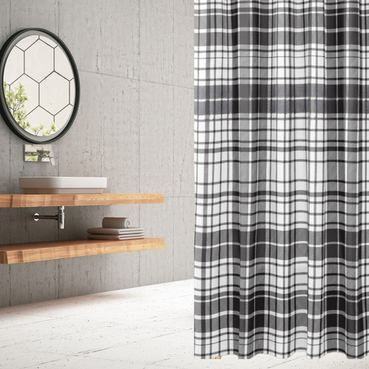 Shown in a modern bathroom with wood shelving and a large round mirror