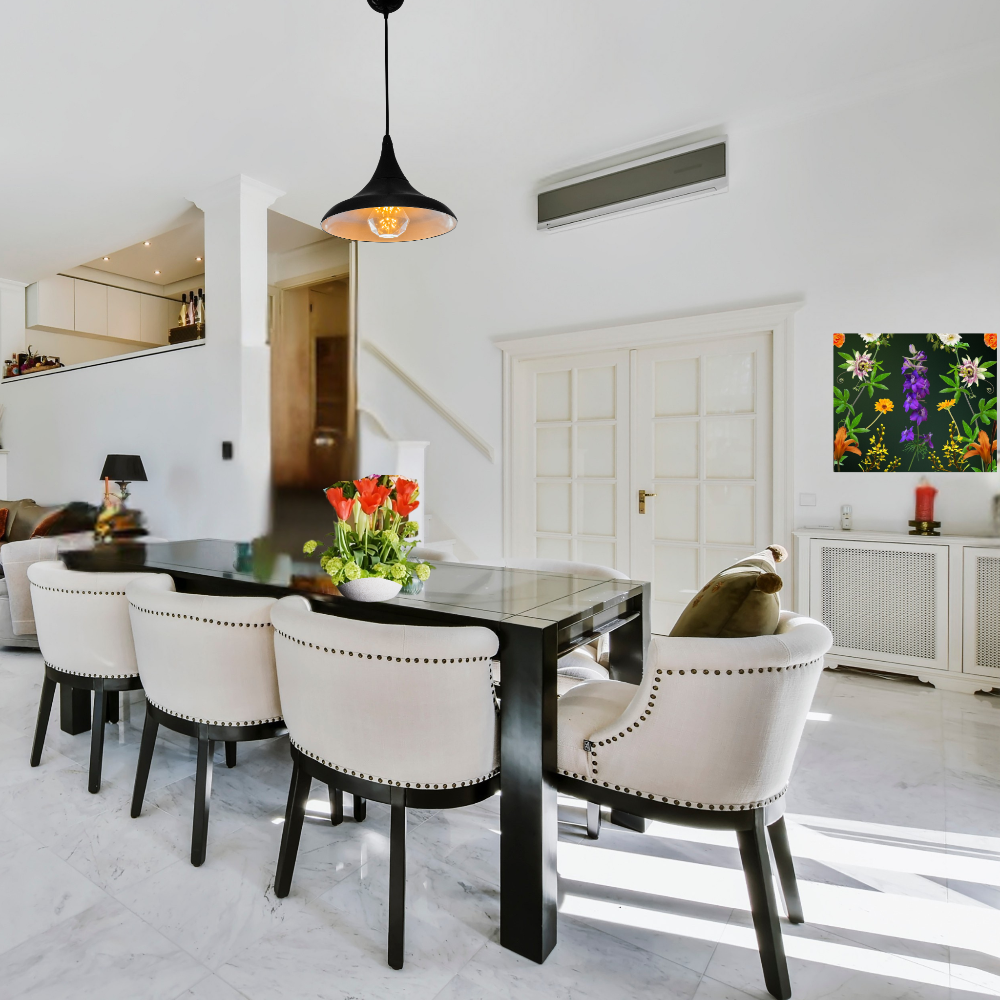 Botanical Beauty Canvas Print Shown in a Modern Dining Room with comfy white chairs