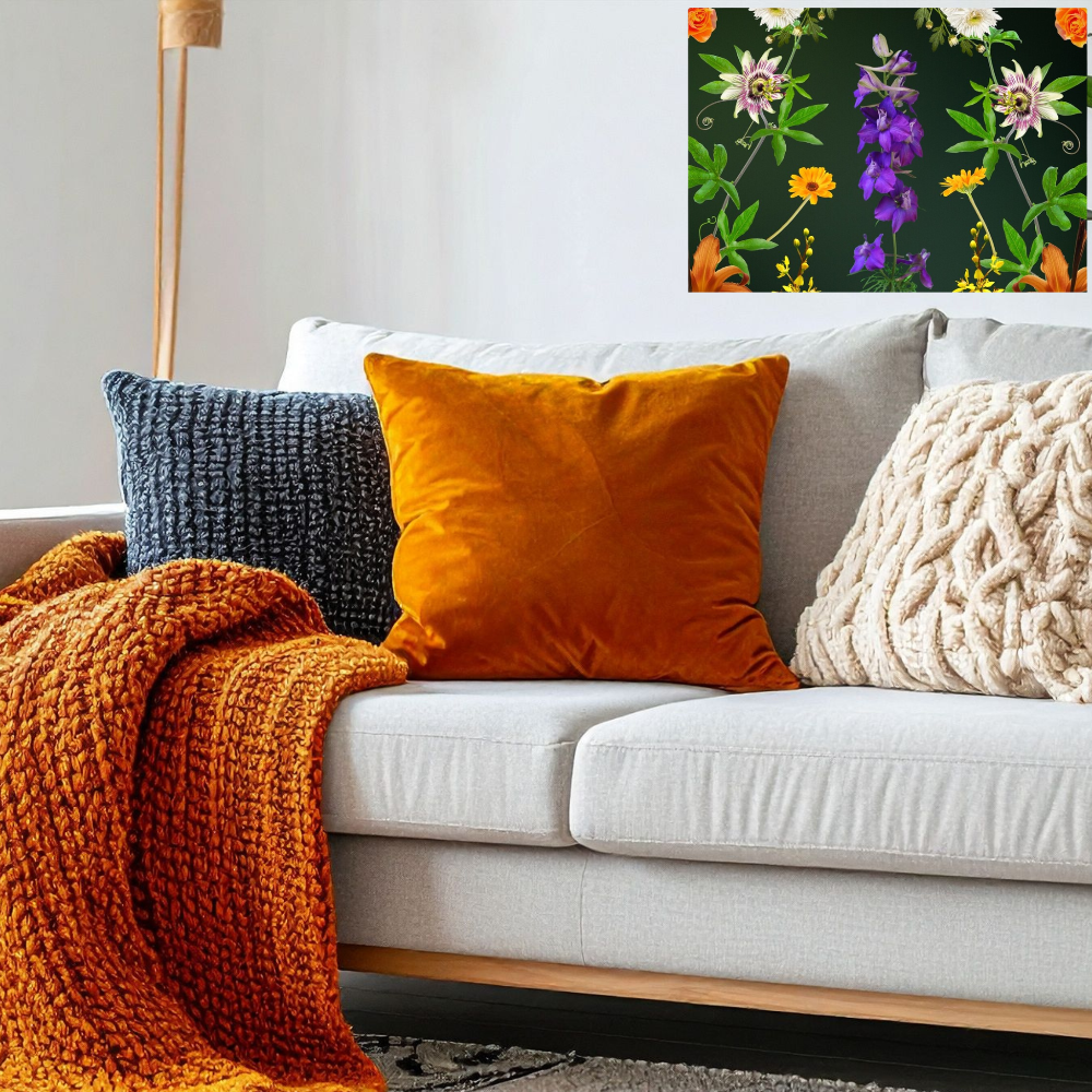 Botanical Beauty Canvas Print Shown in a Living Room with a white couch and an orange throw pillow