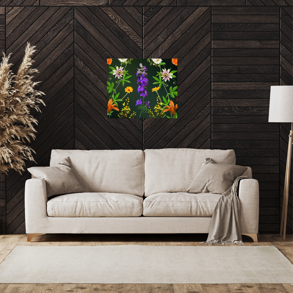 Botanical Beauty  Canvas Print Shown in a living room with a  white sofa and a dark accent wall.
