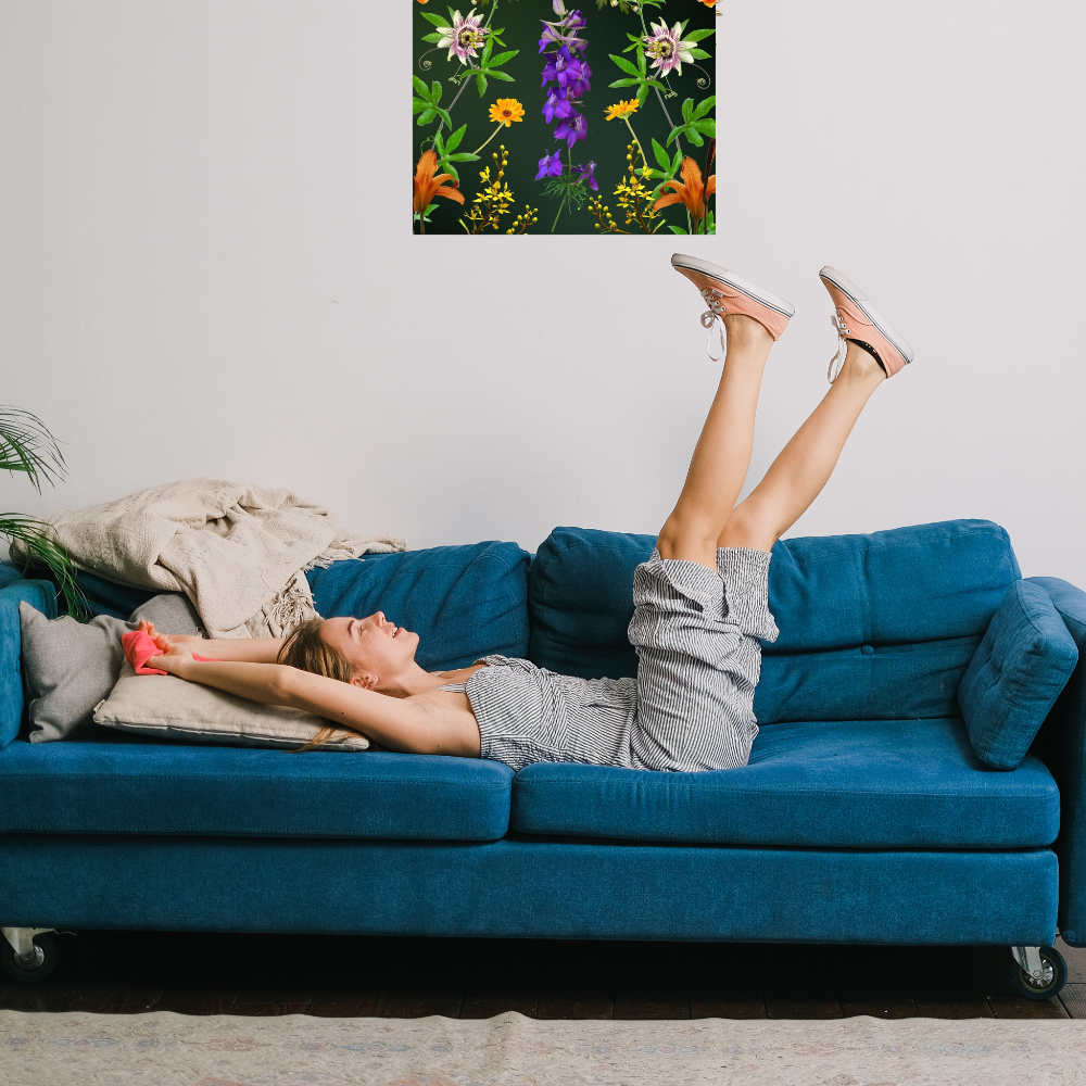 Botanical Beauty Canvas Print Shown in a living room with a happy teen on a blue couch
