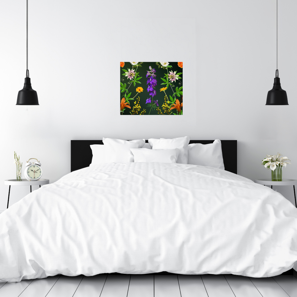 Botanical Beauty  Canvas Print Shown in a modern black and white bedroom