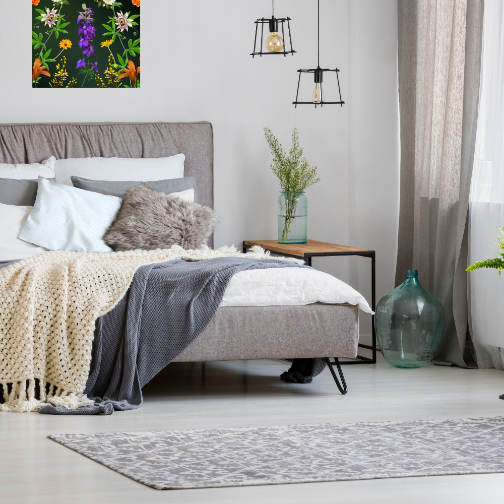 Botanical Beauty Canvas Print Shown in a modern farmhouse bedroom