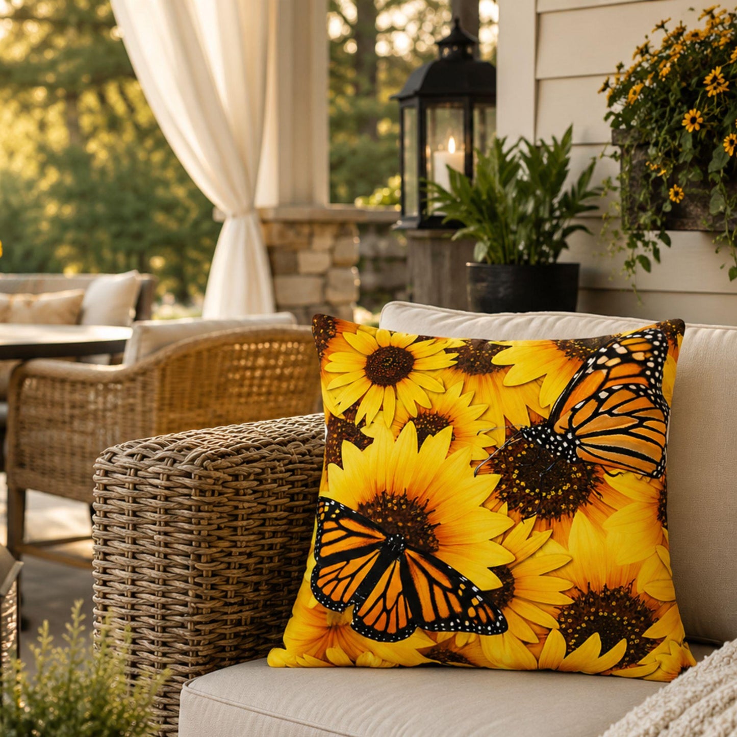 A square throw pillow featuring a vibrant yellow sunflower and monarch butterfly print, styled on a beige outdoor patio sofa.