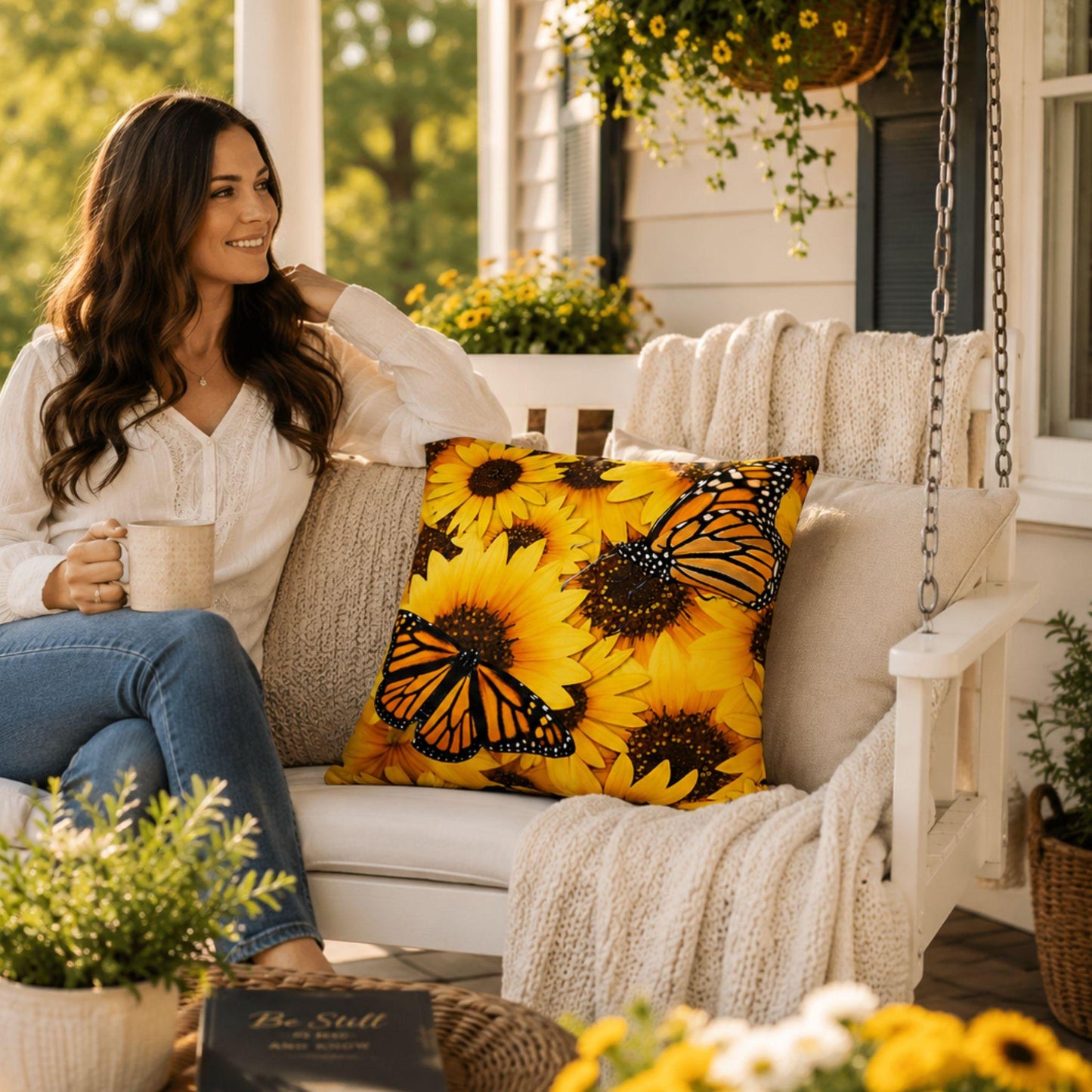 A woman sits on a white porch swing holding a mug, with a bright yellow sunflower and monarch butterfly throw pillow as the focal point on a cozy porch setting.
