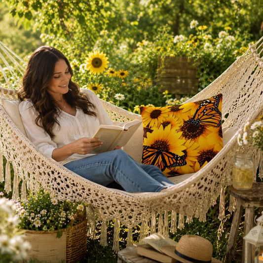 A woman relaxes in a cream crochet hammock, reading a book in a sunlit garden. A bright yellow and black butterfly print pillow rests beside her, with flowers, greenery, and a small side table in the background.