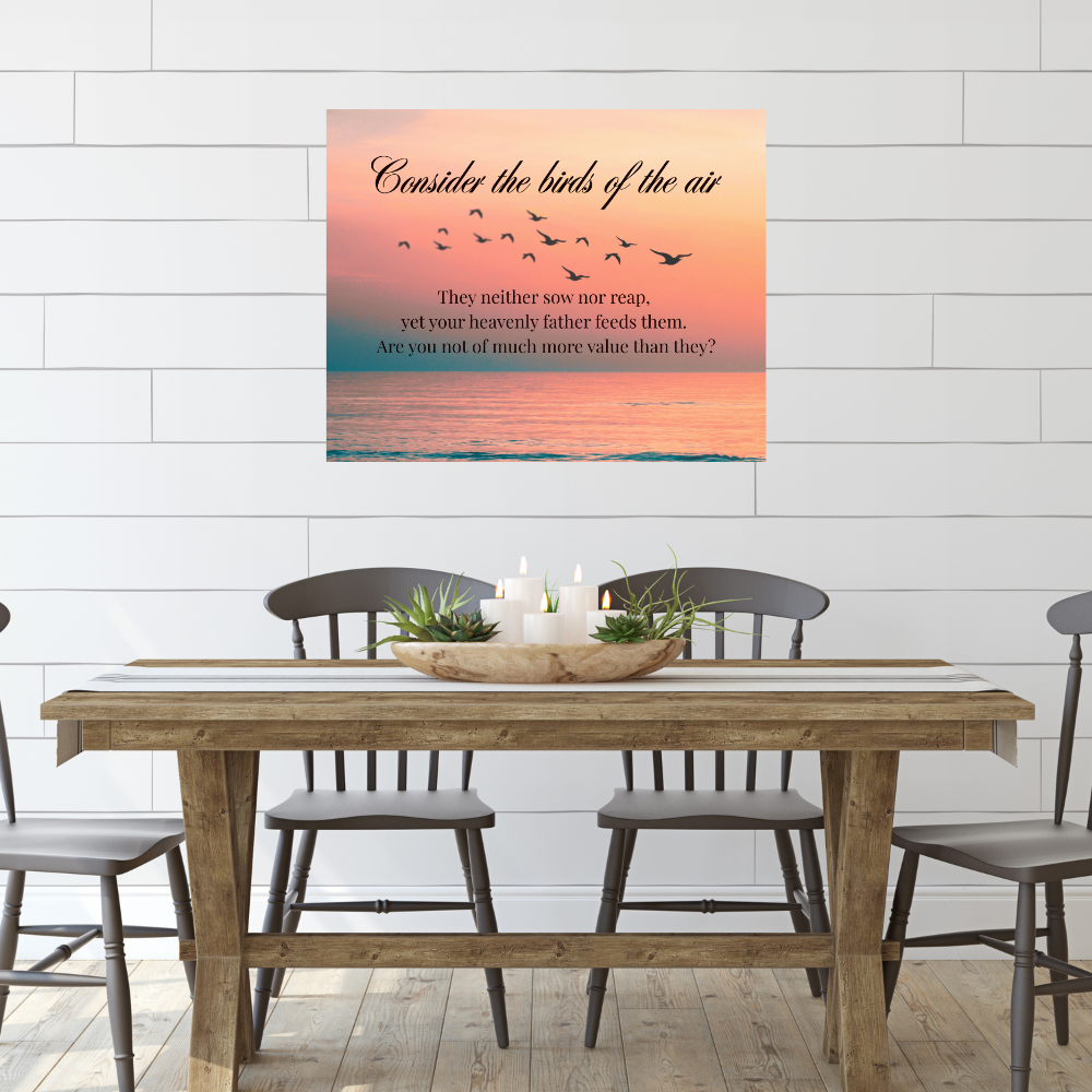 inspirational bible based wall art with birds and a beautiful sunset
