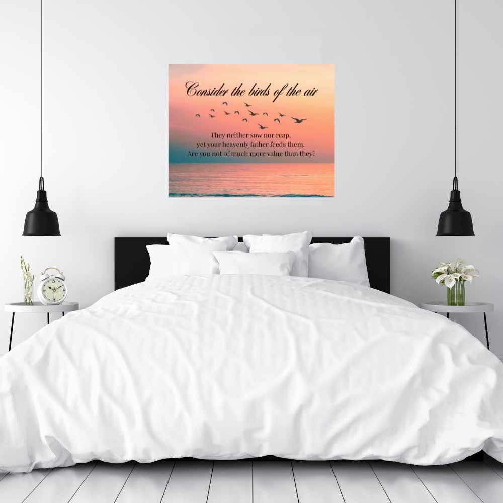 inspirational bible based wall art with birds and a beautiful sunset