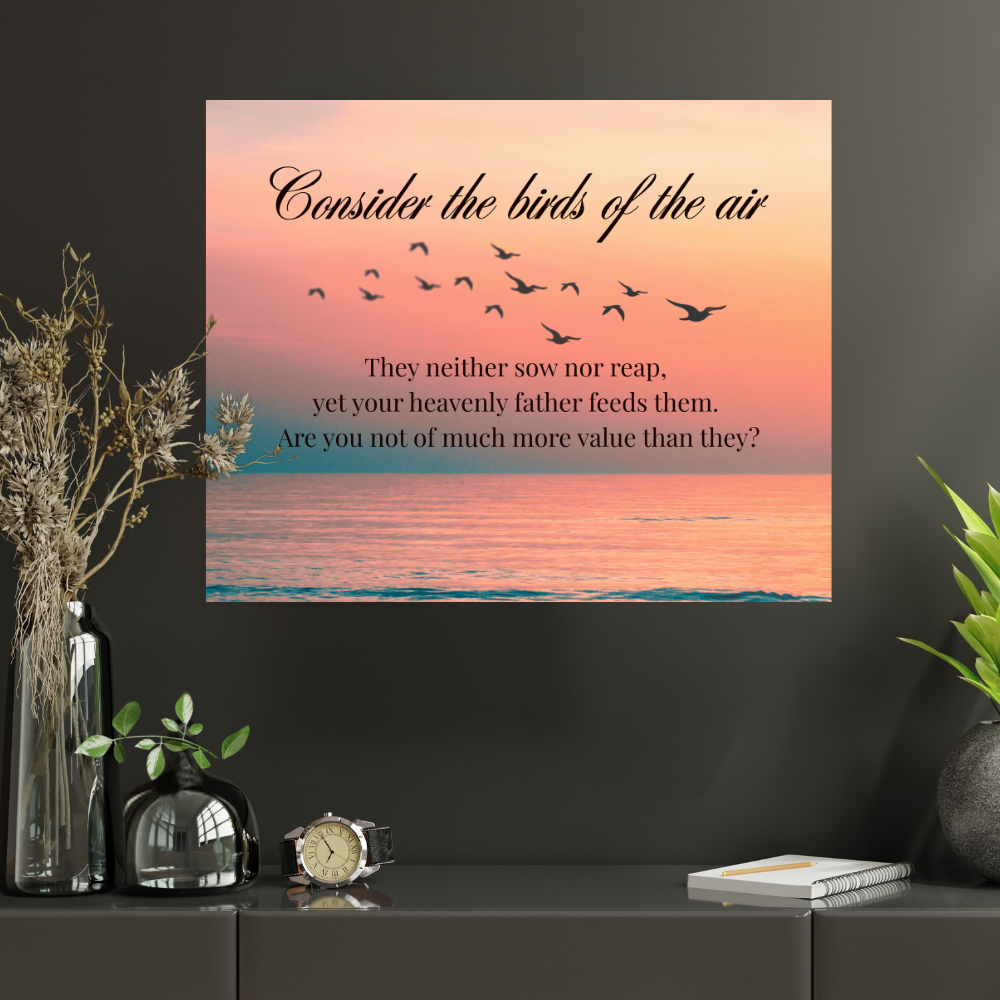inspirational bible based wall art with birds and a beautiful sunset