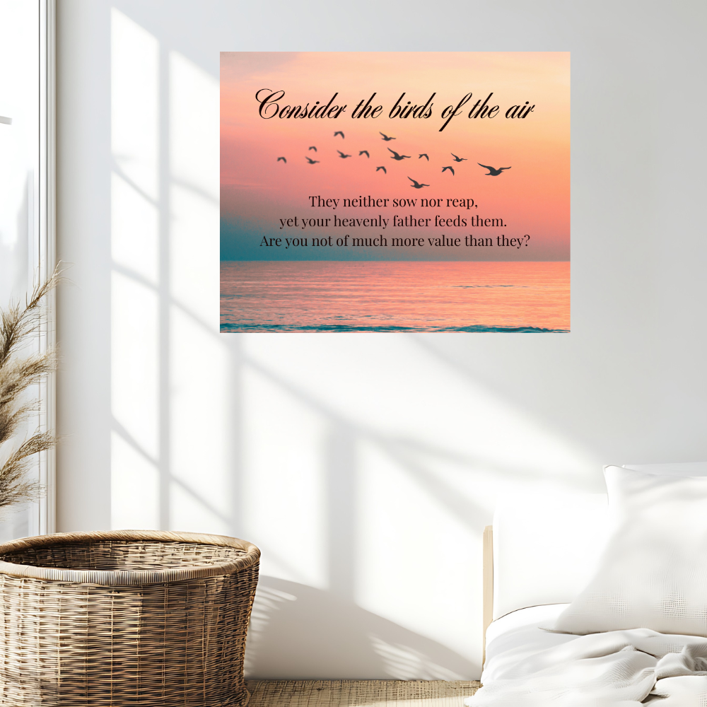 inspirational bible based wall art with birds and a beautiful sunset