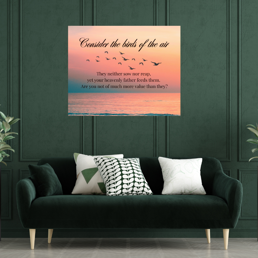 inspirational bible based wall art with birds and a beautiful sunset
