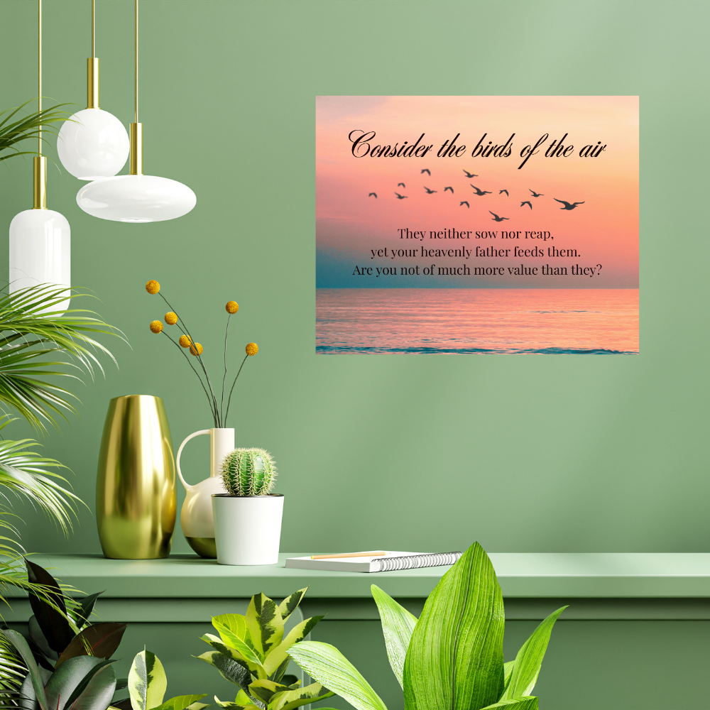 inspirational bible based wall art with birds and a beautiful sunset