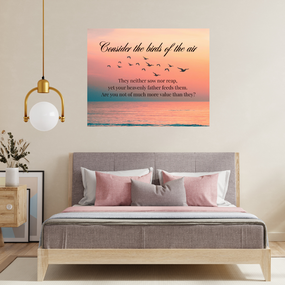 inspirational bible based wall art with birds and a beautiful sunset