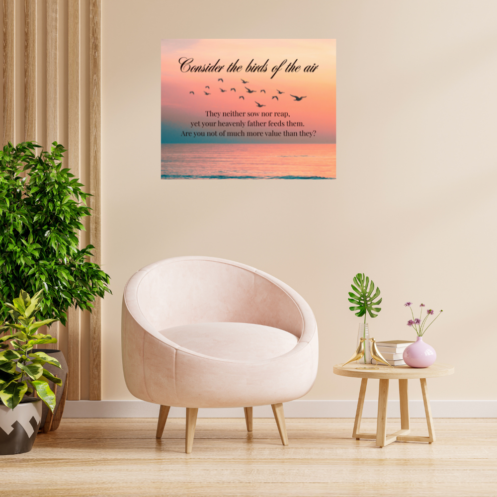 inspirational bible based wall art with birds and a beautiful sunset