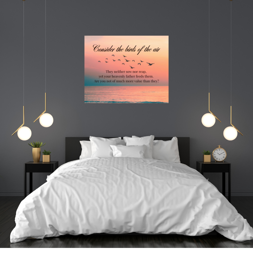 inspirational bible based wall art with birds and a beautiful sunset