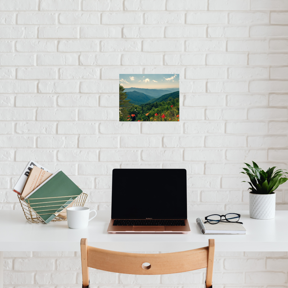 A Beautiful Day Mountain Landscape art shown in a home office on a white brick wall