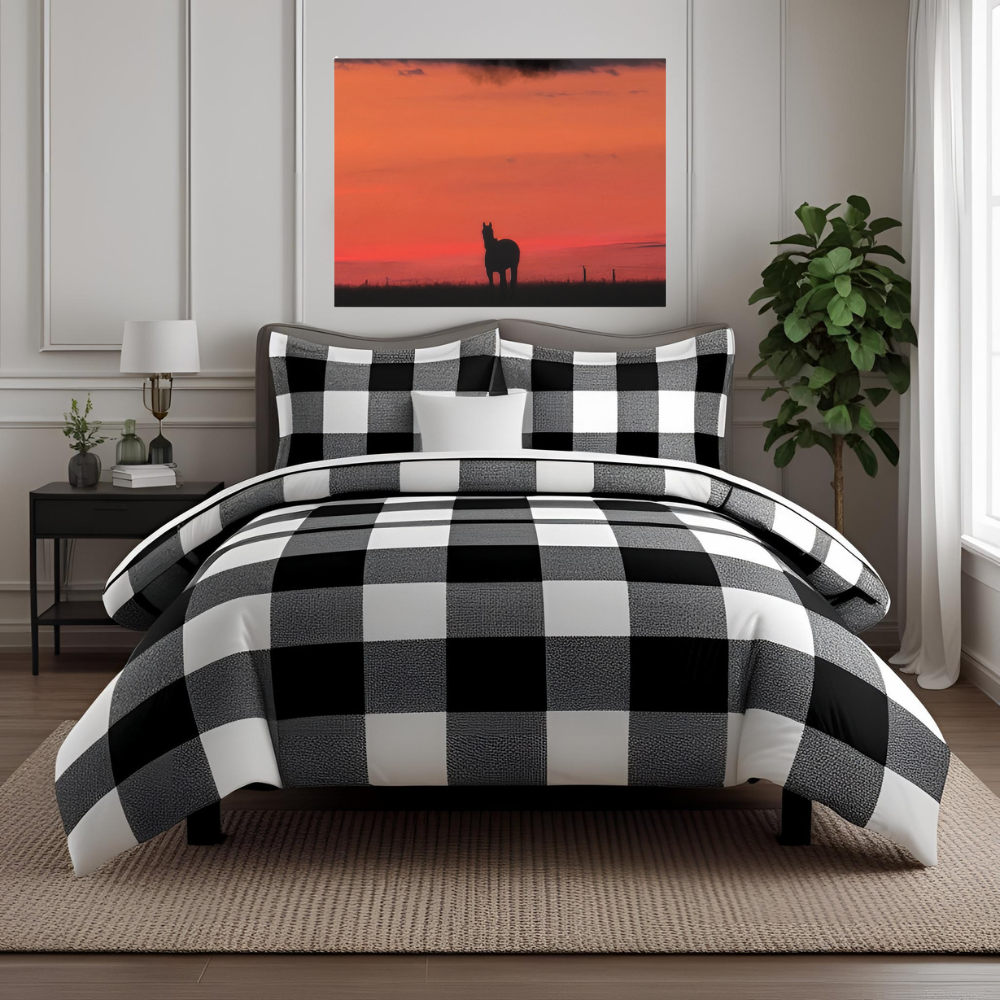 Silhouette of a horse at sunset shown in a bedroom with a black and white checkerboard patterned comforter