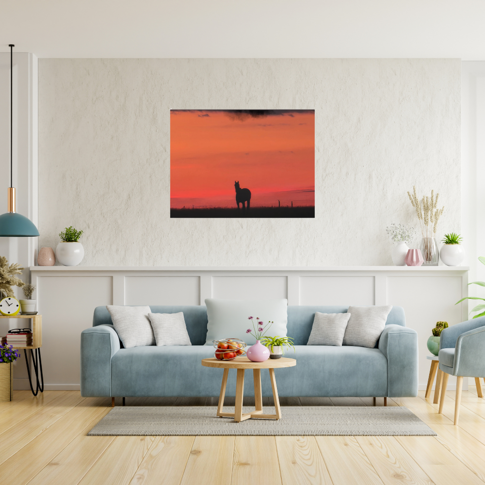 Silhouette of a horse at sunset shown in a living room with a light blue couch