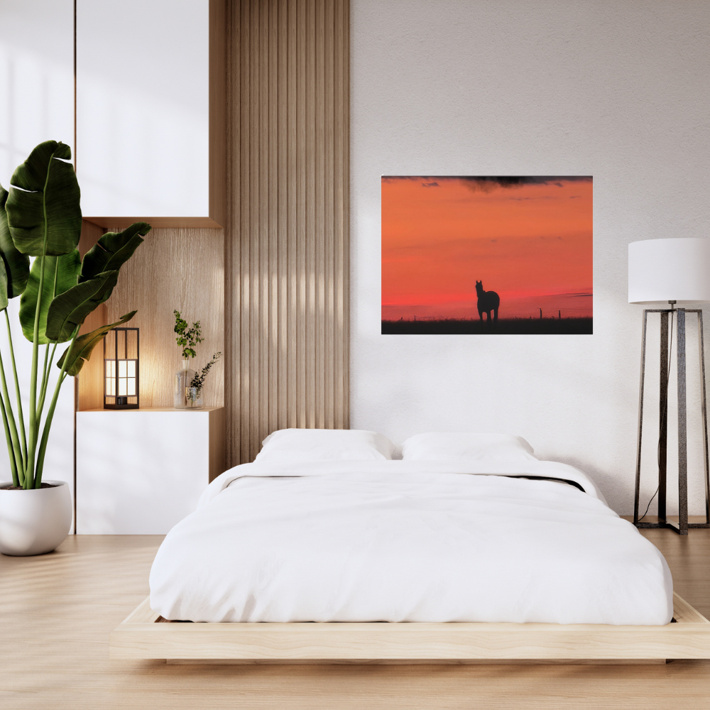 Silhouette of a horse at sunset shown in a contemporary master bedroom