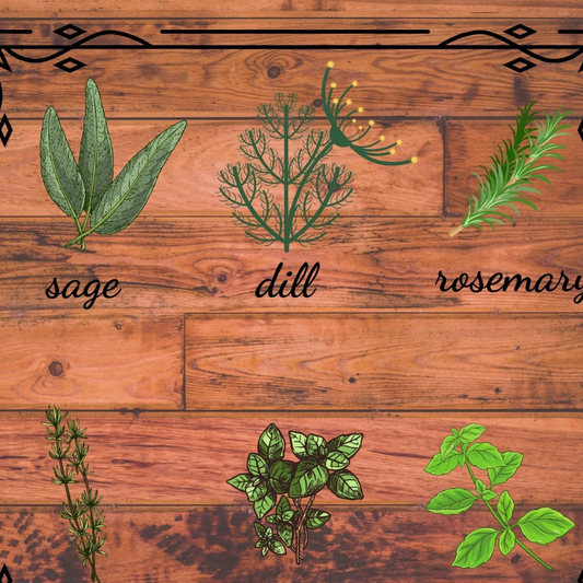 Herb illustrations on a wooden background with labels for sage, dill, rosemary, thyme, and basil.