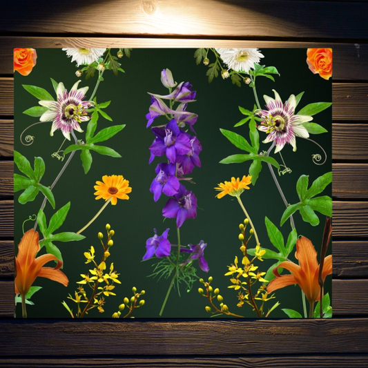 Botanical Beauty Canvas Wall Art detail shown o dark wooden wall with lighting