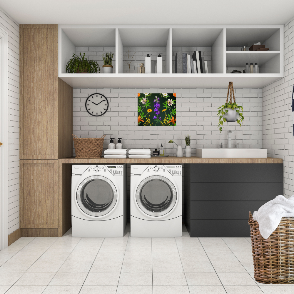 Botanical Beauty Canvas Wall Art shown in a Modern Farmhouse style  laundry room with shelves, and decor.